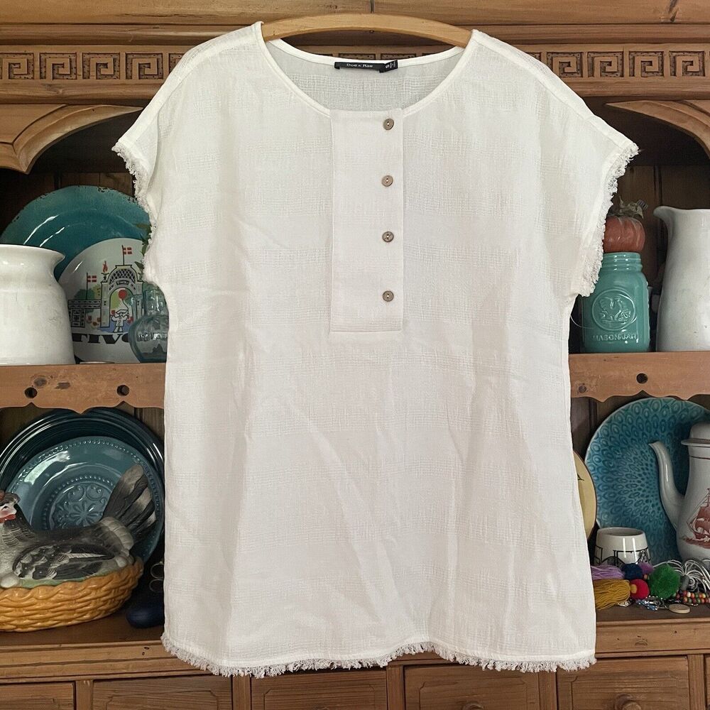 Doe & Rae White Cap sleeve tunic Top Sz S Frayed Hems Henley 100% Cotton Beachy